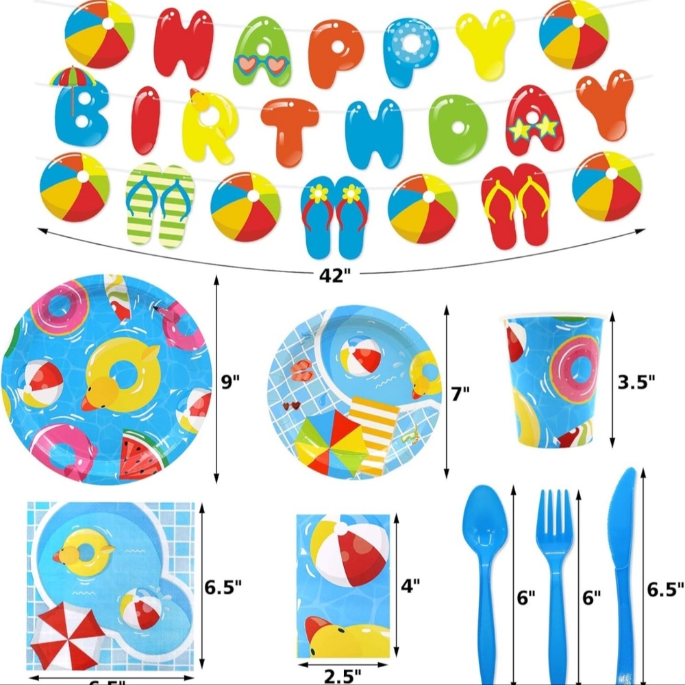 Pool Party Birthday Supplies Set 20 Guests Birthday Banner Table Cover Swim‎ - Picture 4 of 7